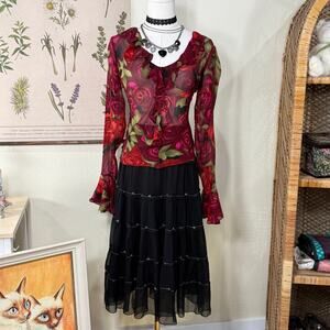 Vintage 90s Y2k Cache Rose Silk Ruffle Flare Sleeve Top Romantic Whimsigoth 6 S